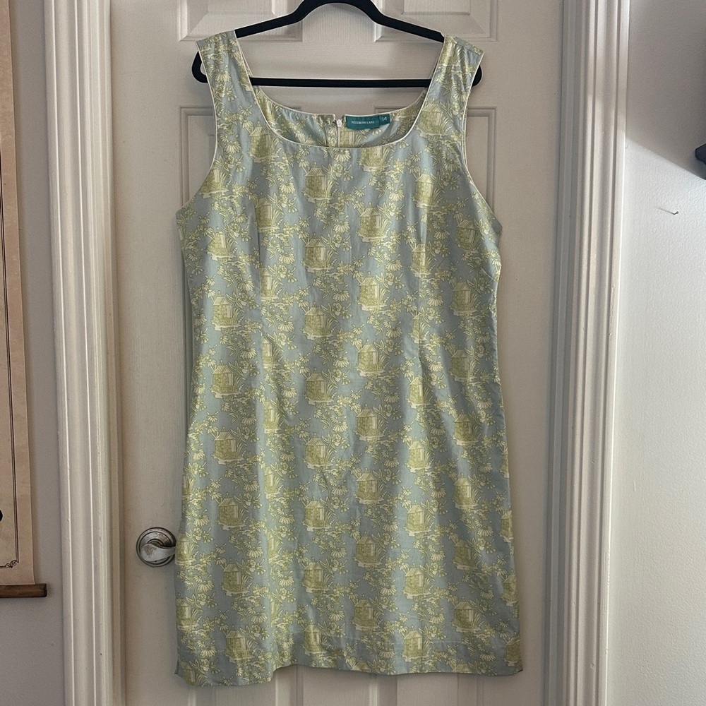 Needham lane chinoiserie print sleeveless dress sz 14 green blue
